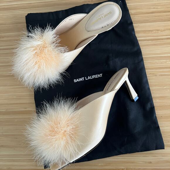 Saint Laurent Mae Mules in Crepe Satin With Feathers Size size 8.5 - Picture 1 of 9
